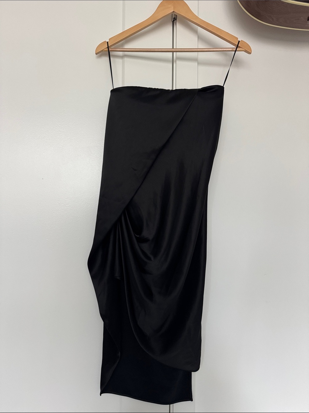 Loewe Black Satin Asymmetrical Draped Strapless Dress with Mesh Panel